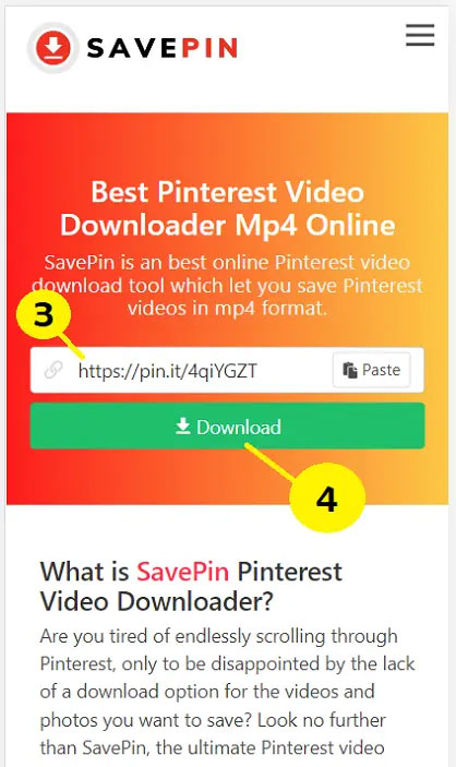 اضغط على download الموجود فيpinterest video downloader